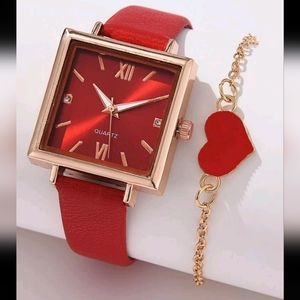 Bright Red Quartz Square Watch w/ Heart Bracelet Set